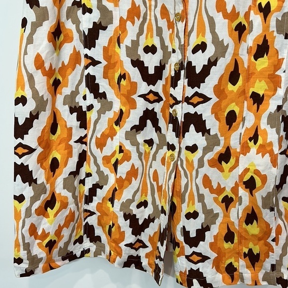 Ashley Stewart bohemian print linen Midi Shirt Dress 14 Orange Brown Button down - Picture 2 of 6